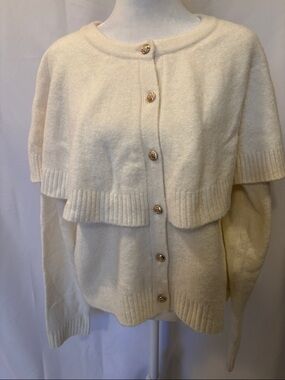 Talbots Cream Knit Cape Cardigan with Decorative Crest-embellished Buttons - L